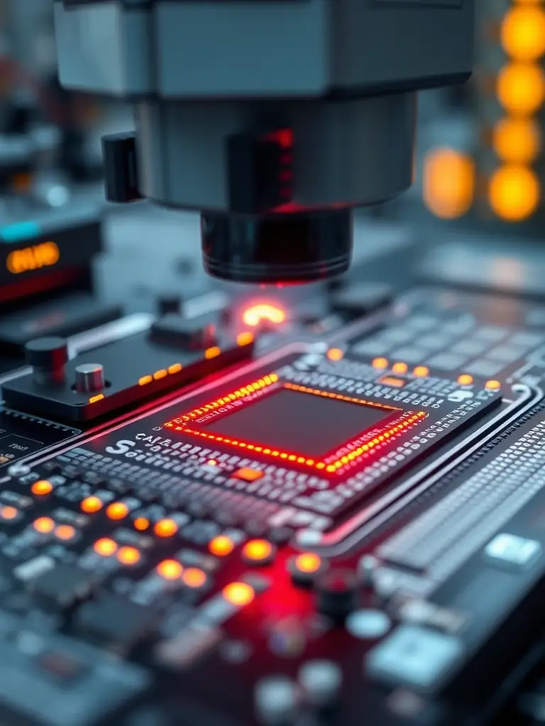 A detailed close-up of a semiconductor wafer being inspected by an AI-powered system, highlighting the accuracy and speed of the inspection process.