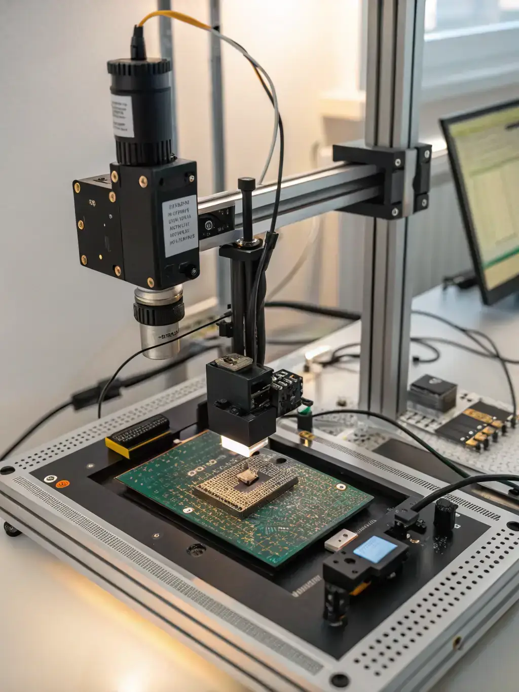 An image showcasing semiconductor chips and technology in a modern lab setting, highlighting TOMO FUSIONTECH's semiconductor solutions.