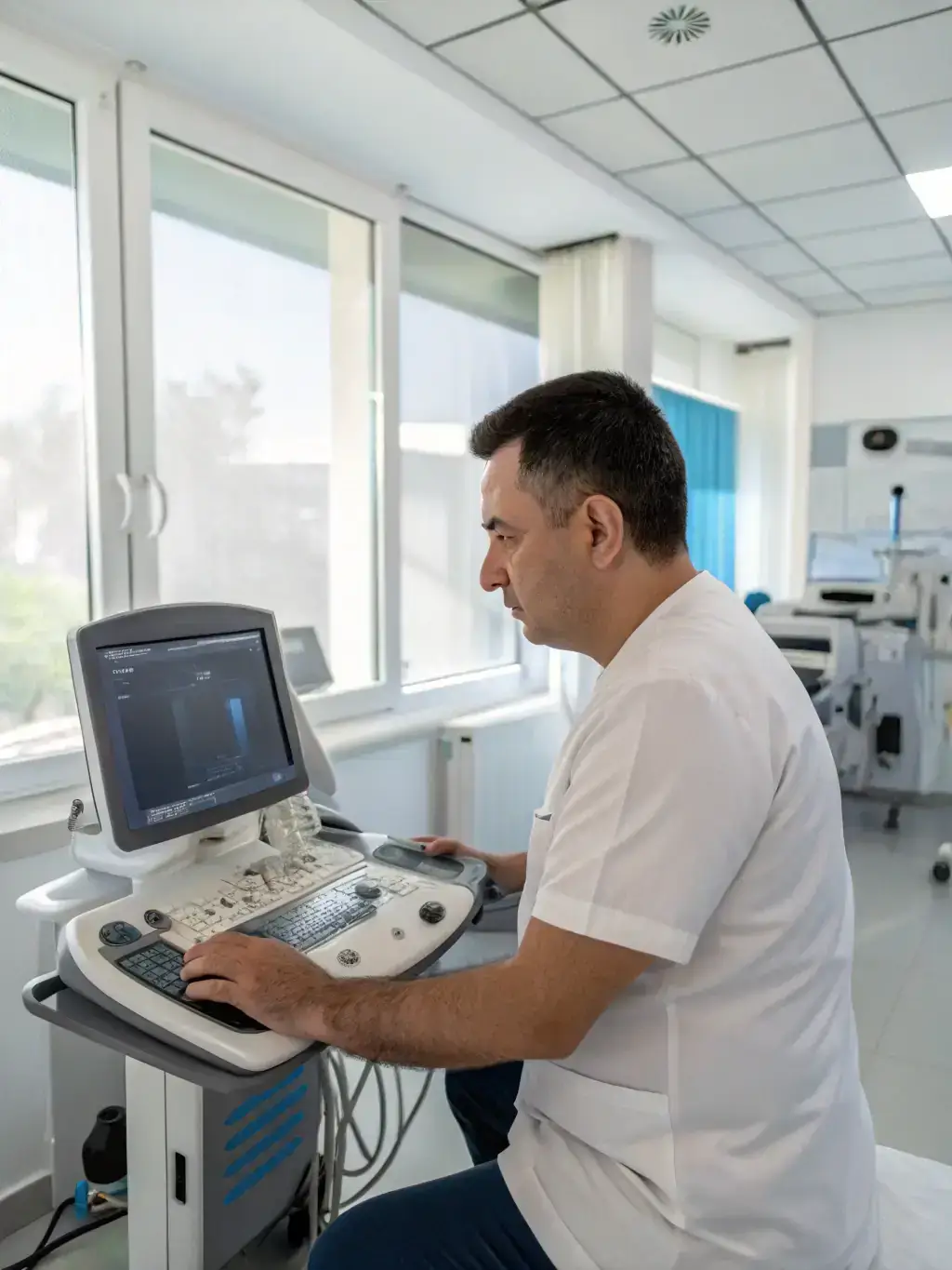 A healthcare professional using advanced medical equipment in a clinical setting, representing TOMO FUSIONTECH's medical technology integration services.