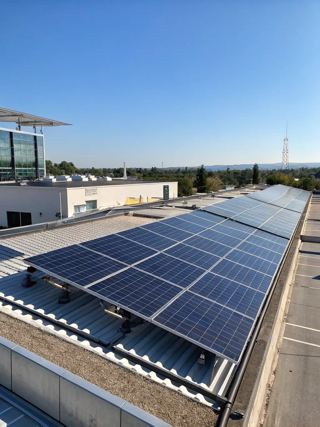 A high-efficiency TOMO FUSIONTECH solar panel installation on a commercial rooftop, showcasing the sleek design and robust construction.