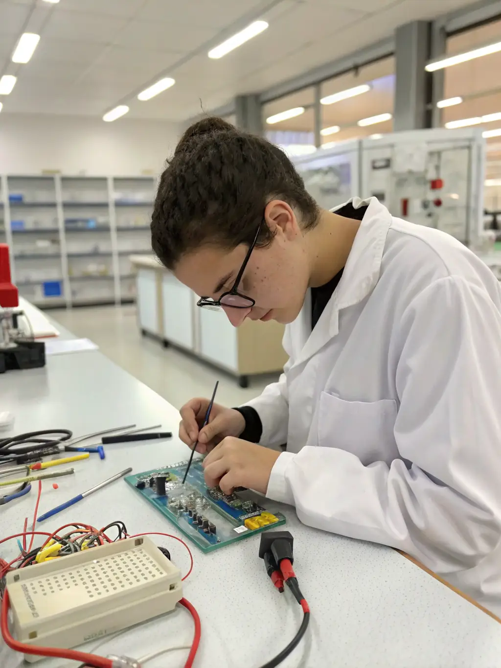 A close-up shot of a student in a TOMO FUSIONTECH TVET program, soldering components on a circuit board with precision, showcasing hands-on training.