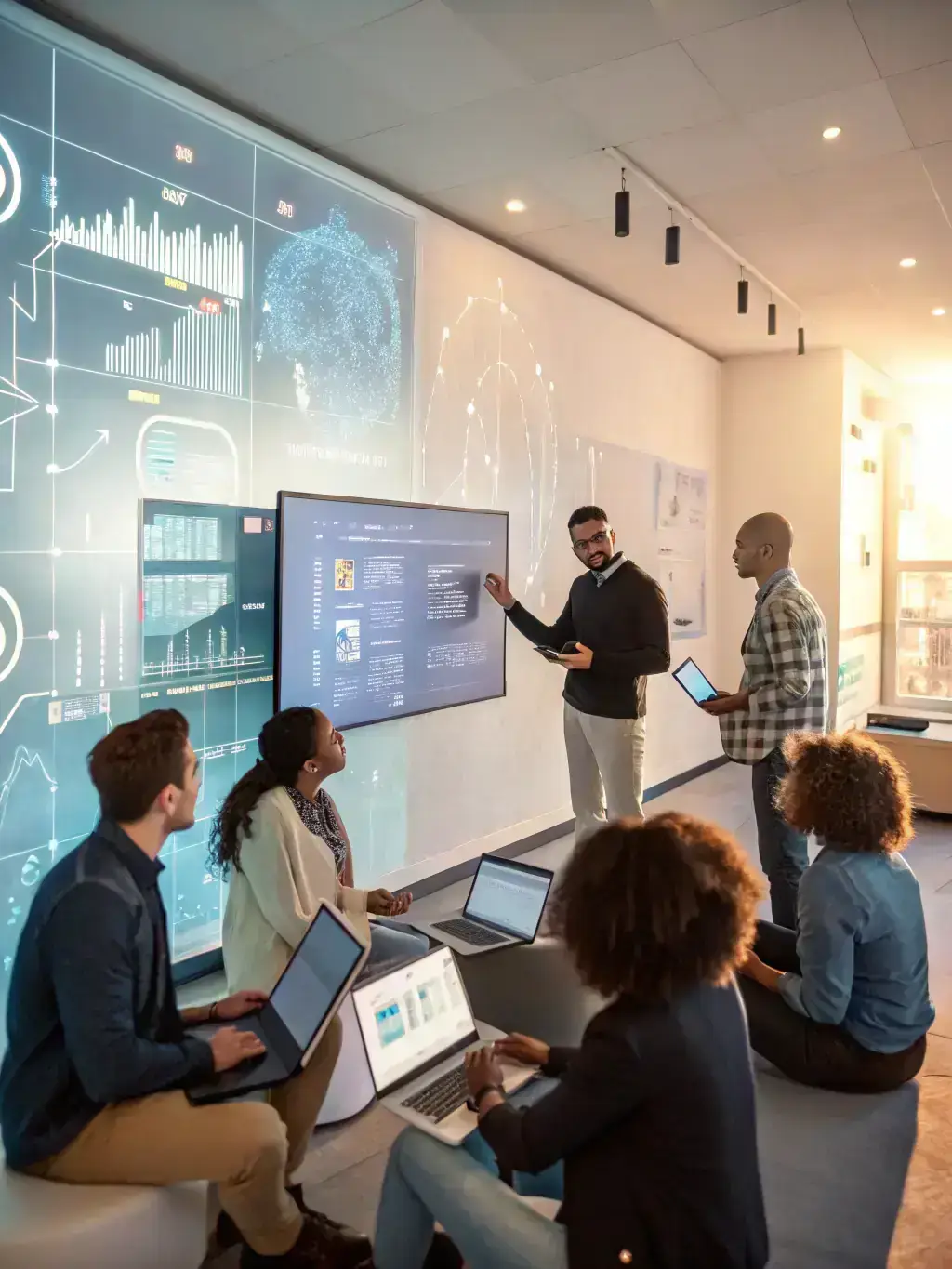 A visual representation of technology consulting services, showing experts collaborating on a digital strategy.
