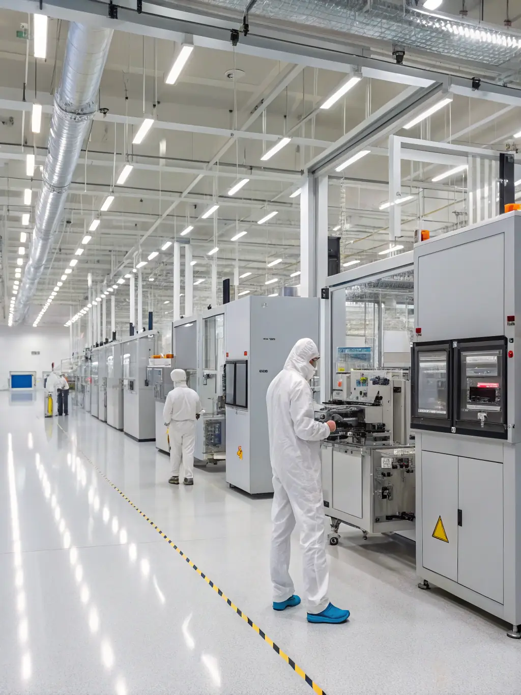 A high-resolution photograph of advanced semiconductor manufacturing equipment inside a cleanroom, showcasing the precision and technology involved in the process. The image should convey innovation and efficiency.