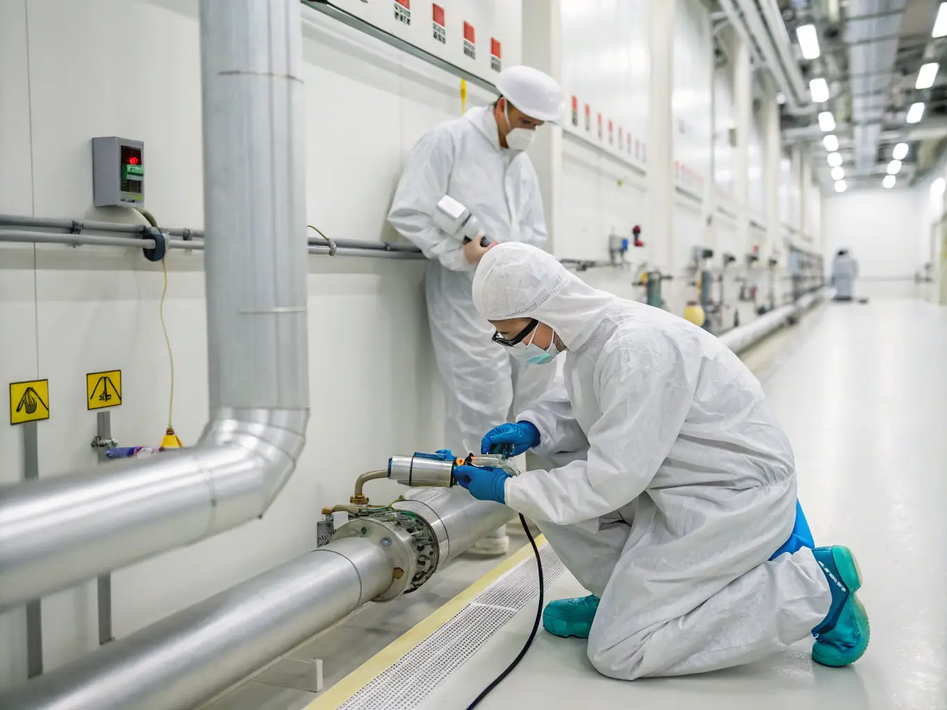 A cleanroom environment with workers in full protective gear manufacturing semiconductor wafers, showcasing the precision and cleanliness required in semiconductor manufacturing.