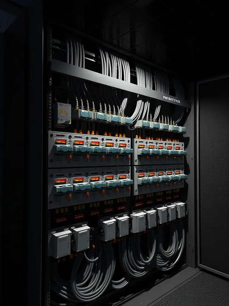 A 3D rendering of a data center's power distribution system, highlighting reliability and redundancy features.