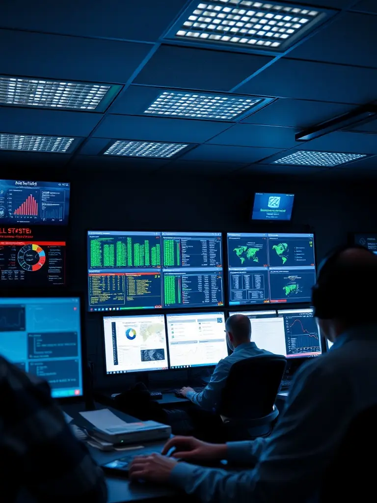A photo of a data center's control room, showing monitoring systems and personnel managing the facility.